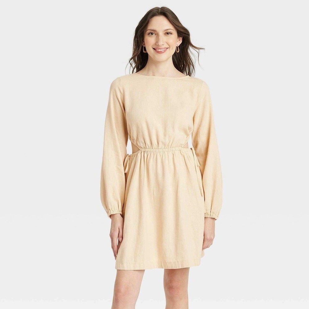 Universal Thread Mini Dress Womens Sm Tan Linen Blend Side Cut Out Long Sleeve